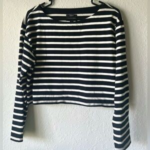 J. Crew Black and White Striped Cropped Long Sleeve Top Boat Neck